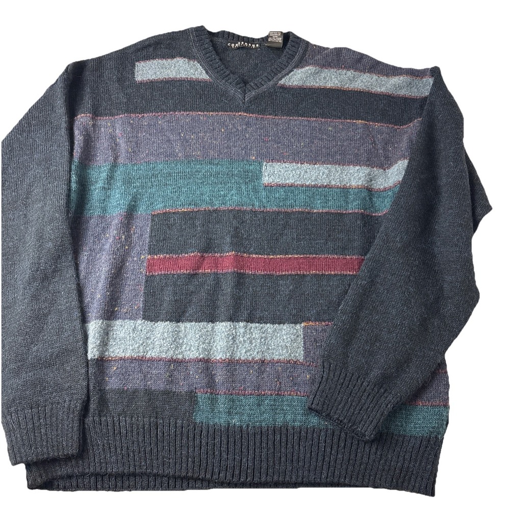 Consensus Sportswear Vintage Sweater Mens size L V-neck colorblock wool blend